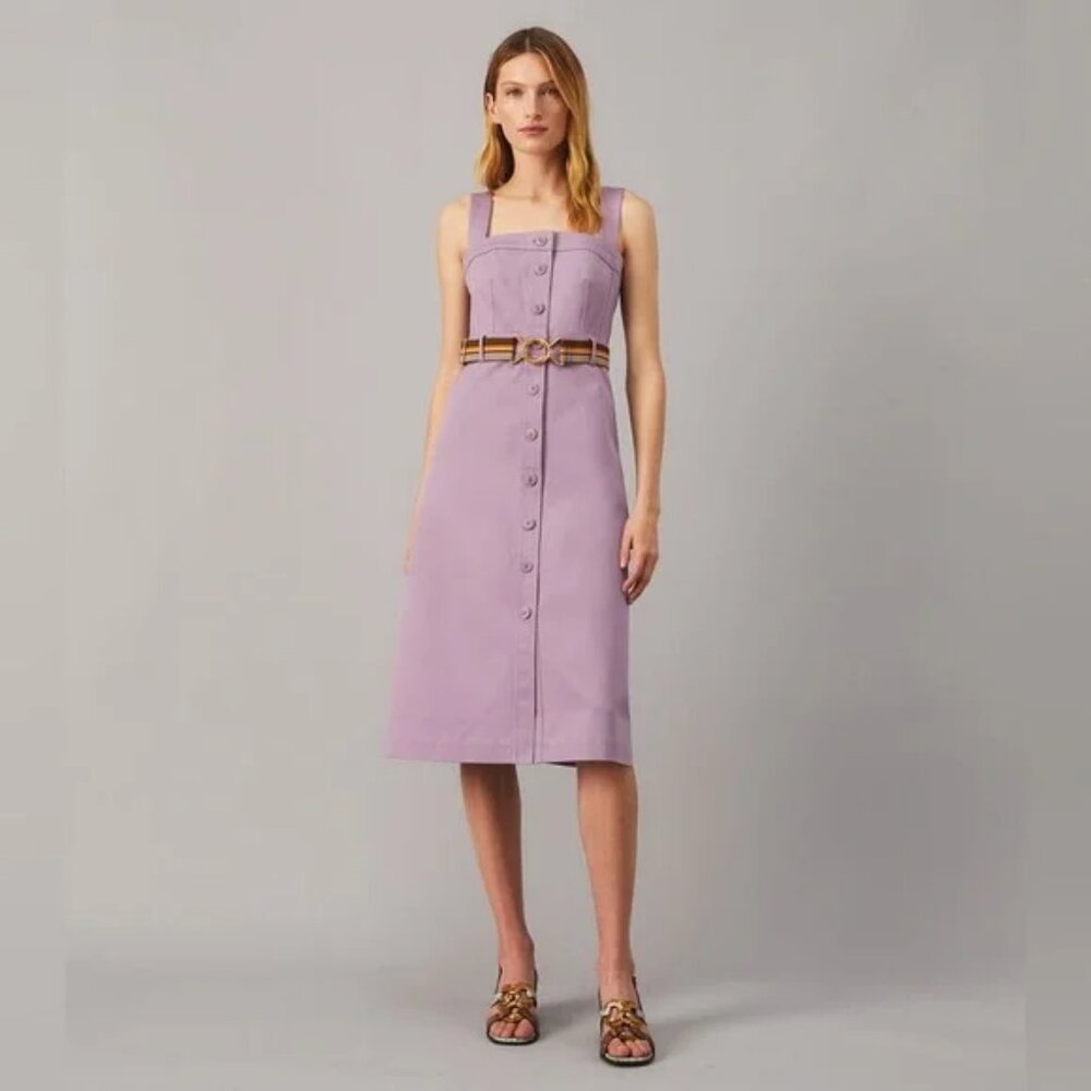 Tory Burch $498 Button Front Sundress 12 Spring Hydrangea Cotton Blend Belted - Picture 10 of 15